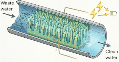 Diagram of a cylindrical water filtration system showing waste water input, internal filter media, and clean water output with electrical power connection.