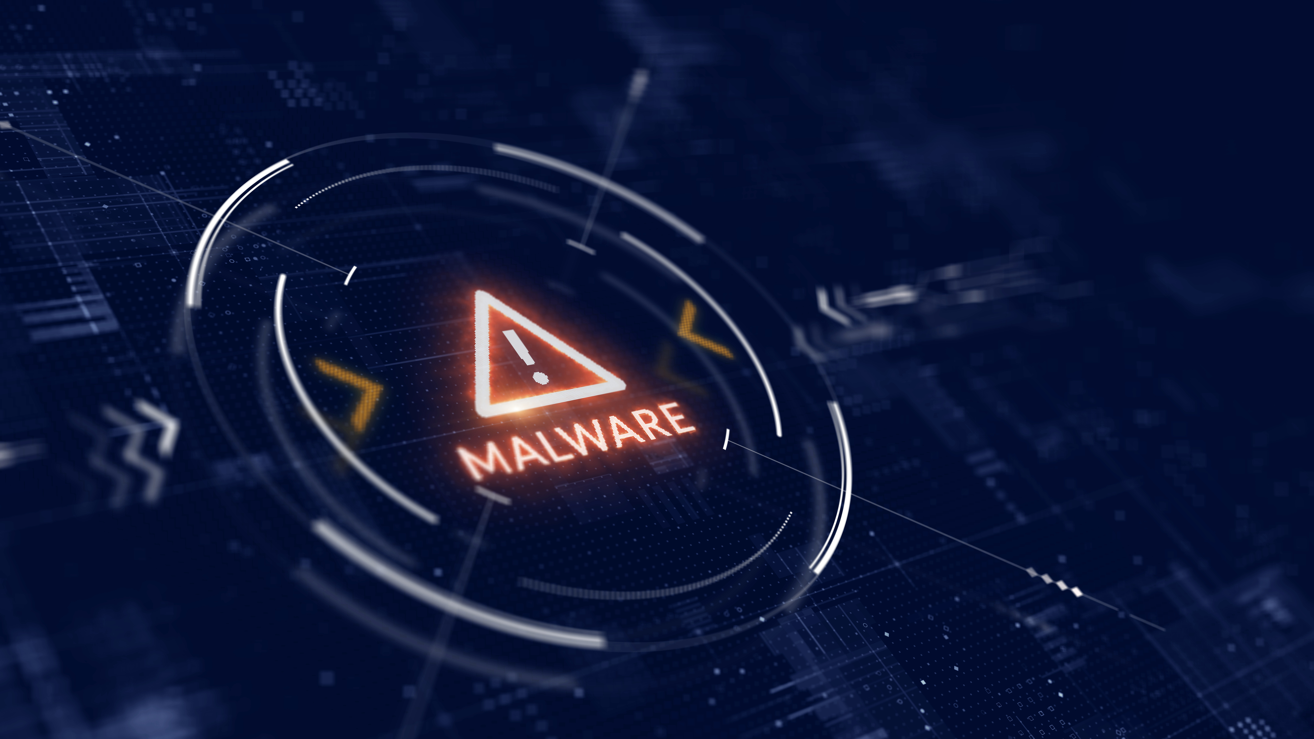 Malware warning alert with red triangle icon and neon glow on dark blue digital security background