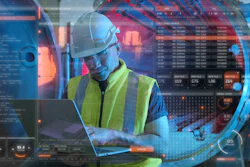 Construction worker in safety gear using laptop surrounded by digital data analytics and code interface elements