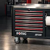 Sonic S19 tool chest with red and black drawers, stainless steel top, and paper towel holder on casters