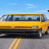 Man in black clothing posing beside a bright yellow vintage minivan on a rural highway with green fields and blue sky