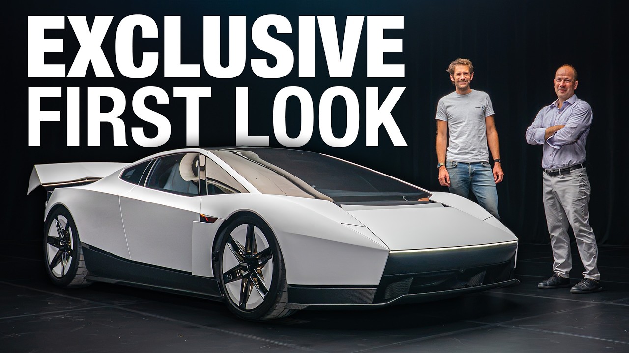 Exclusive first look at futuristic white concept car with two men standing beside it against dark background