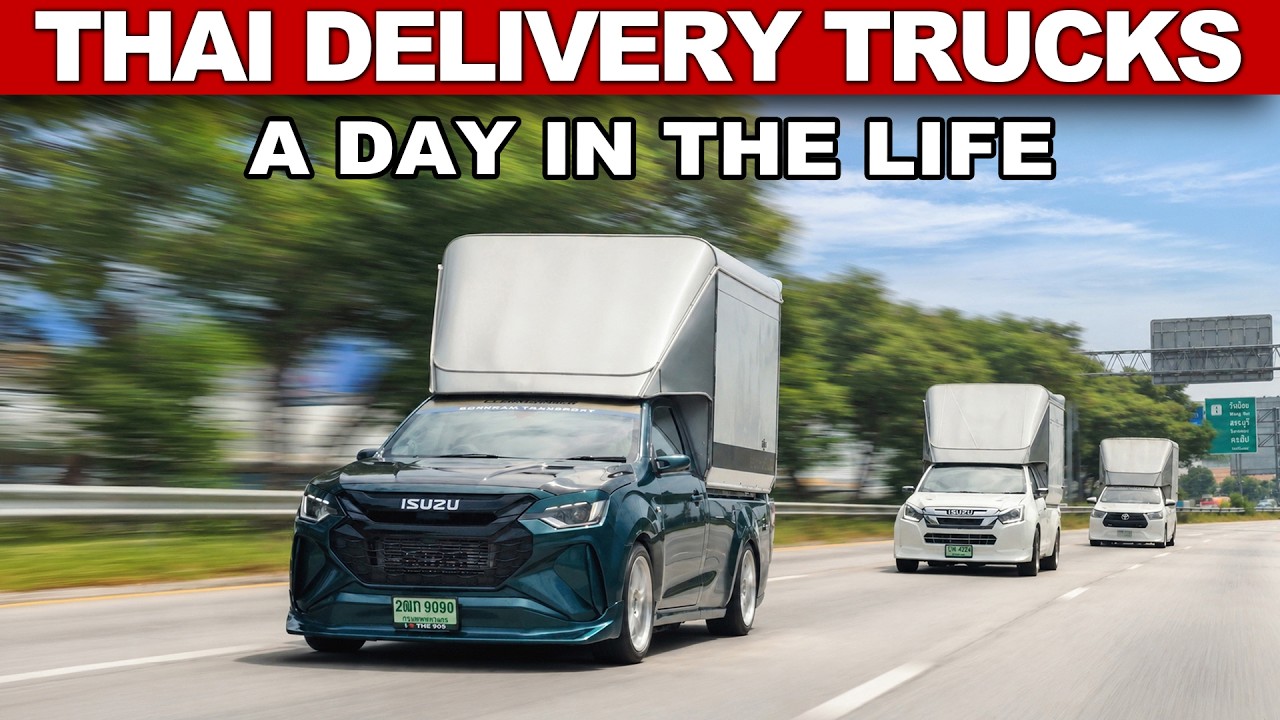 Three Isuzu delivery trucks with white cargo boxes driving on a highway, illustrating Thai delivery services in daily operation