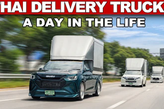 Three Isuzu delivery trucks with white cargo boxes driving on a highway, illustrating Thai delivery services in daily operation