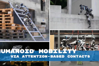 Humanoid robots demonstrating parkour mobility on construction sites with attention-based contact systems