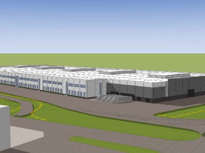 Architectural rendering of modern industrial facility with white buildings, green landscaping, and curved driveway