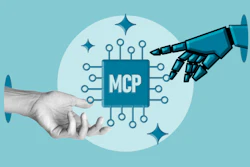 Human and robotic hands exchanging an MCP microchip with circuit connections and sparkles on teal background