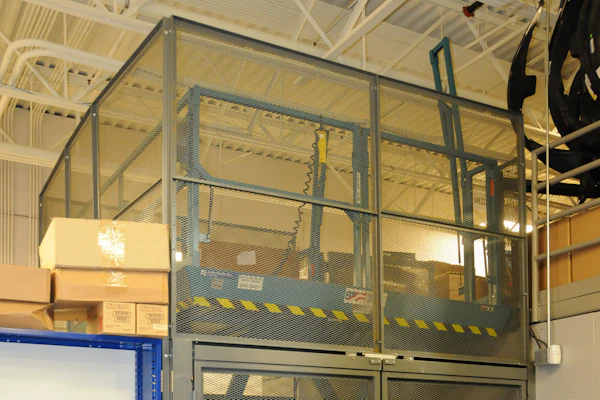 Industrial safety cage with mesh panels and yellow-black striping in warehouse facility