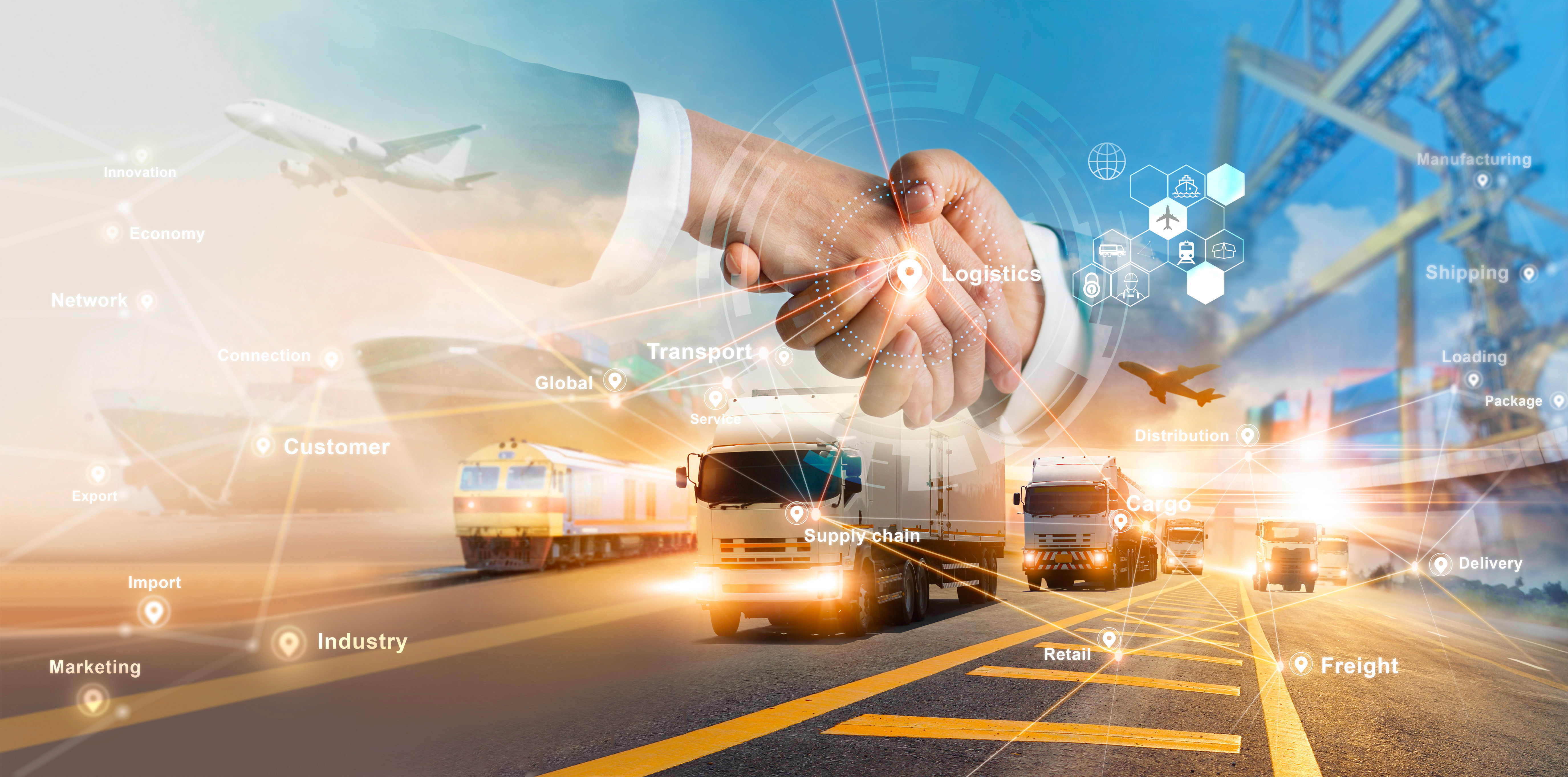 Global supply chain logistics: handshake with transportation network including trucks, planes, and shipping port operations.