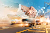 Global supply chain logistics: handshake with transportation network including trucks, planes, and shipping port operations.