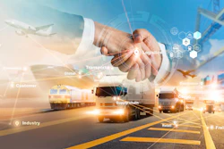 Global supply chain logistics: handshake with transportation network including trucks, planes, and shipping port operations.