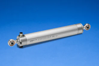 Silver linear position transducer sensor with ball joint mounts on blue background