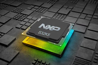 NXP S32K5 microprocessor chip on illuminated circuit board with geometric patterns