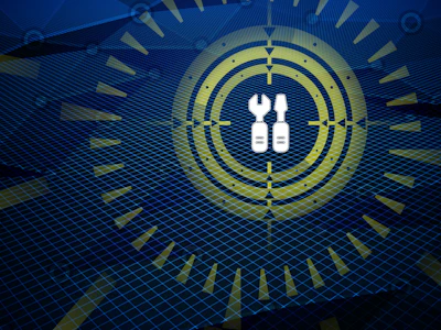 White chromosome icon centered in concentric circles with blue grid background and radiating yellow-green lines