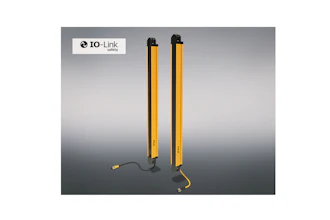 Two yellow and black IO-Link Safety light curtain sensors displayed against gradient background