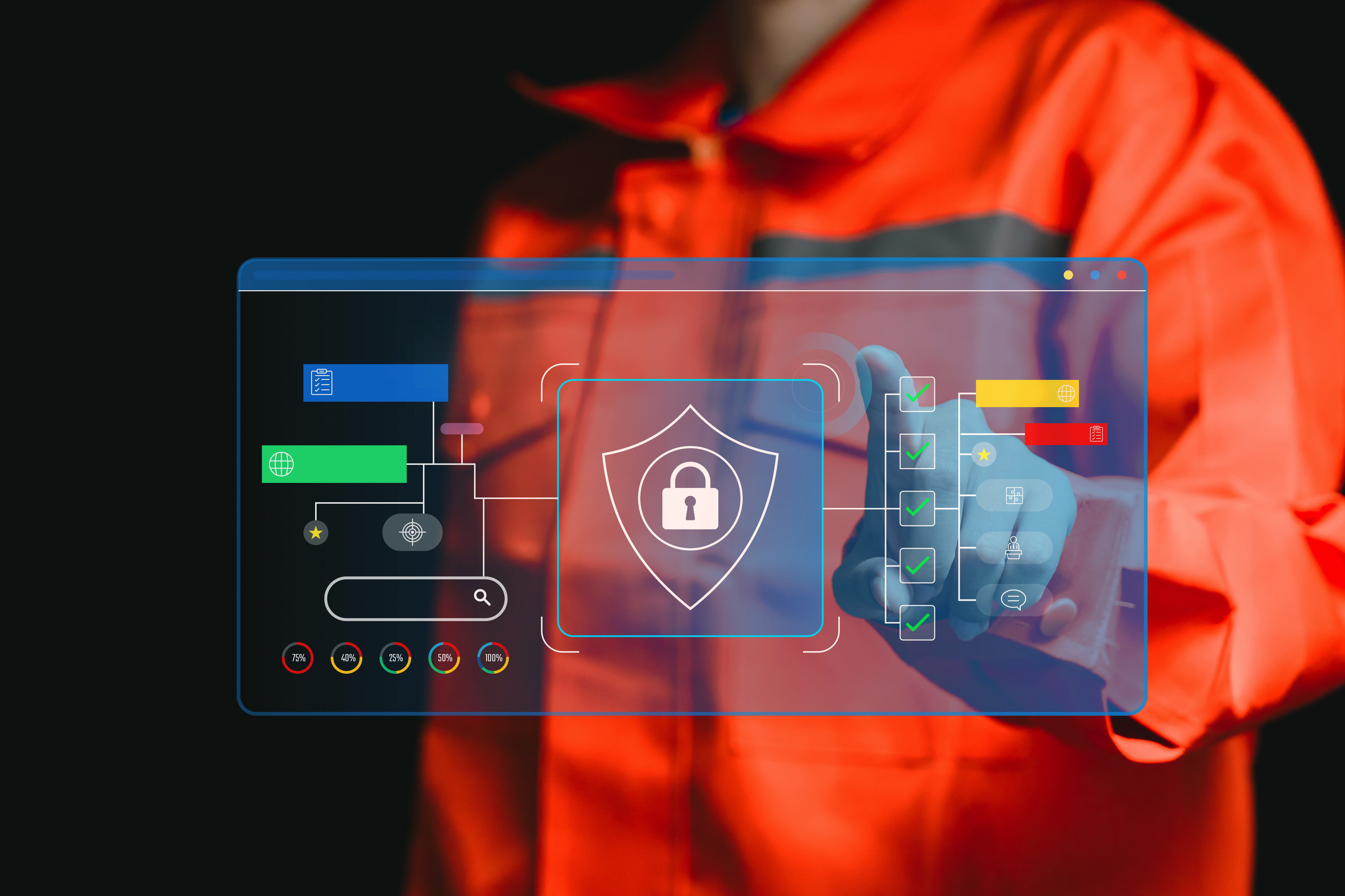 Person in orange jacket interacting with holographic cybersecurity interface displaying shield and padlock security icon
