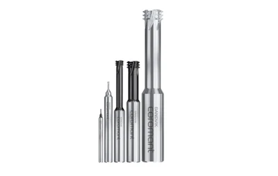 Sandvik precision cutting tools and end mills arranged in ascending size order