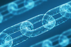 Digital blockchain network visualization showing interconnected chain links with binary code and data encryption in blue holographic style