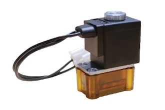 Industrial solenoid valve with black coil housing, amber transparent body, and attached power cable