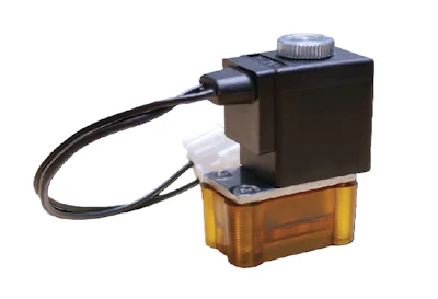 Industrial solenoid valve with black coil housing, amber transparent body, and attached power cable