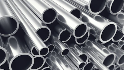 Stacked polished metal tubes and pipes arranged diagonally showing circular openings and reflective surfaces