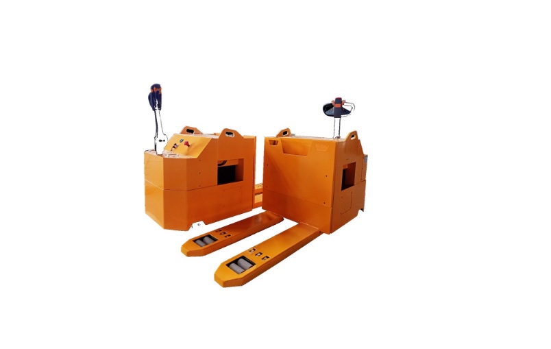 Orange pallet jack with two operator figures and extended forks for warehouse material handling