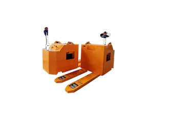Orange pallet jack with two operator figures and extended forks for warehouse material handling
