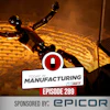 Industrial robot with raised arm against textured background, branded with Today in Manufacturing Episode 289 logo and Epicor sponsorship badge