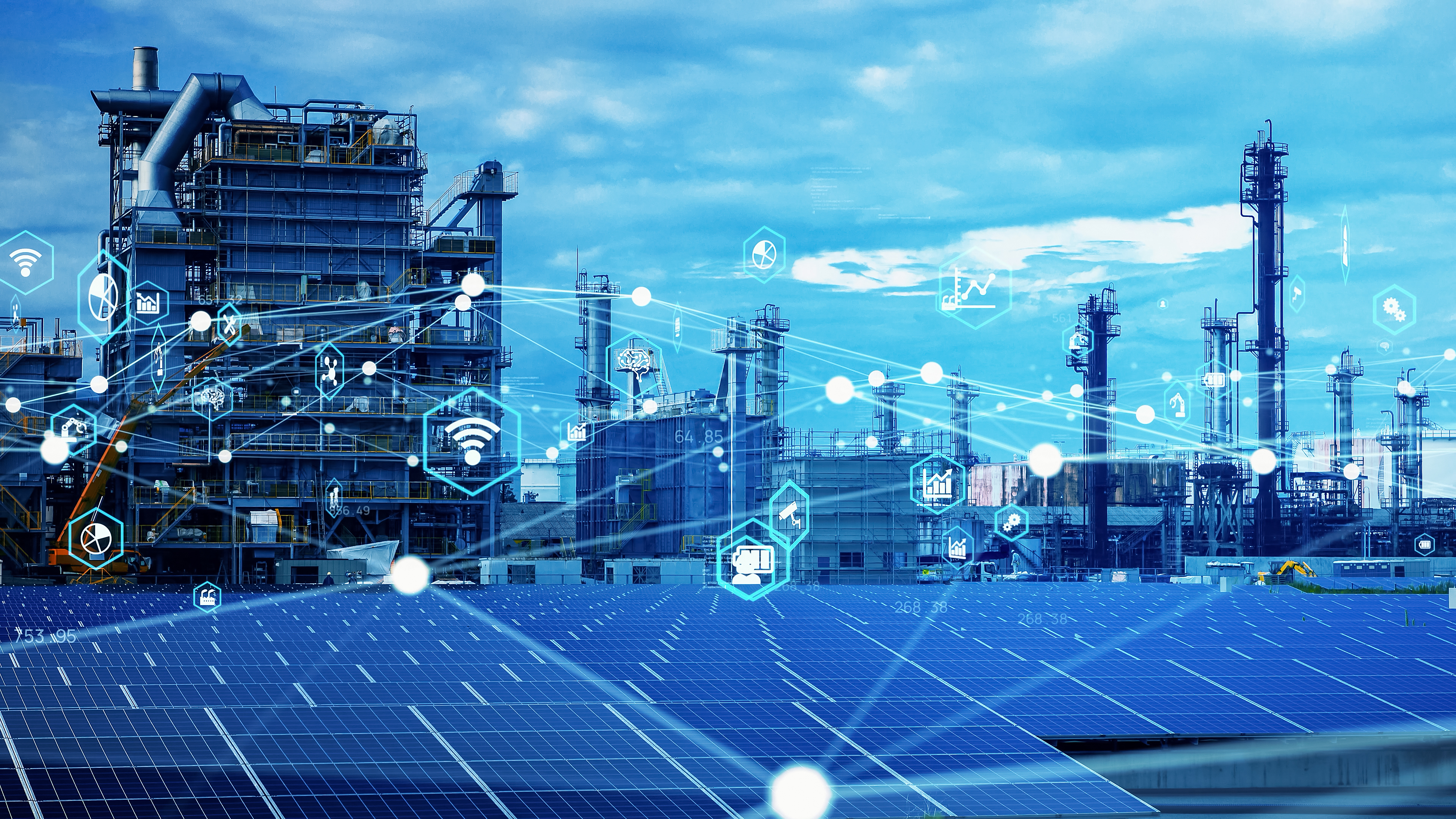 Industrial refinery and solar panel facility with digital connectivity icons representing smart manufacturing and renewable energy integration