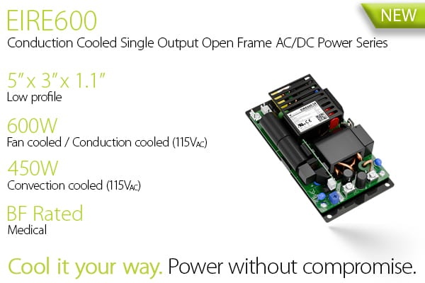 EIRE600 conduction cooled 600W AC/DC power supply with low profile design and medical rating specifications