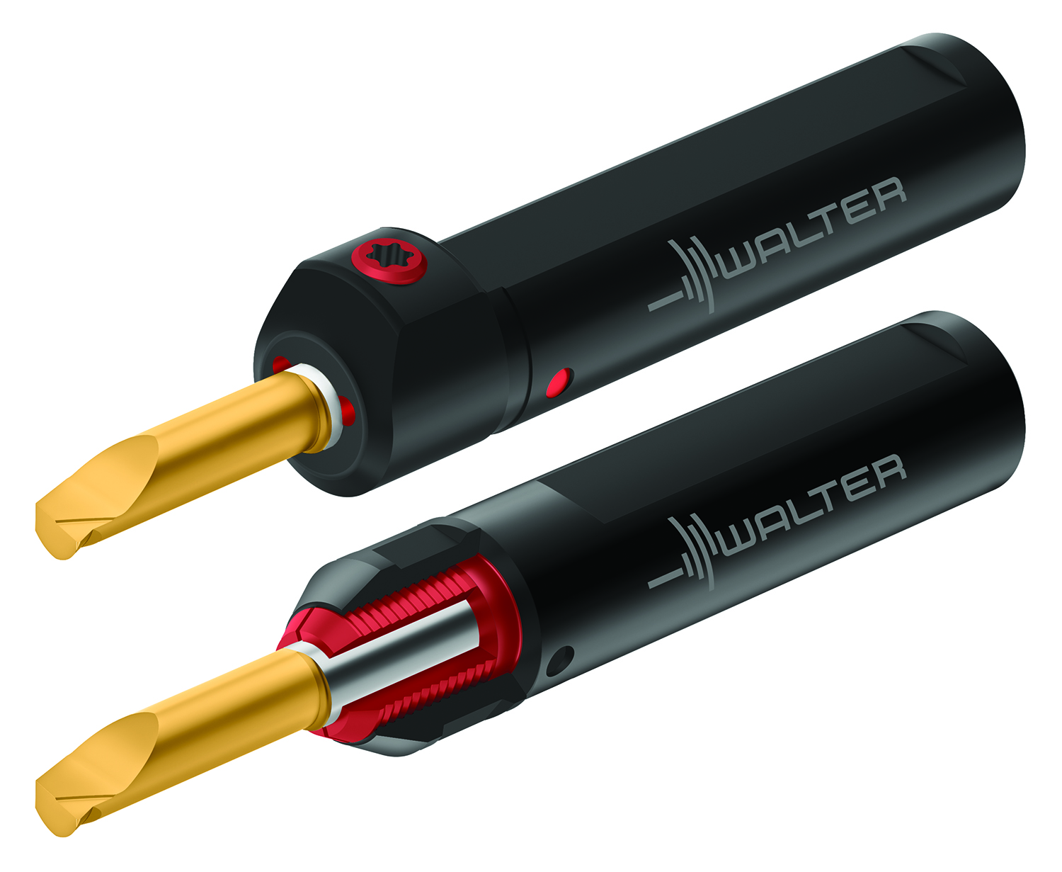 Two Walther soldering irons with black handles, gold tips, and red accents displayed side by side
