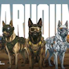 Five tactical military working dogs in combat gear standing in desert landscape with 'Warbound' title text