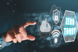 Hand reaching toward glowing hexagonal security icons with Zero Trust text in teal and blue digital interface