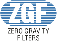 Zero Gravity Filters logo with blue and white striped geometric design